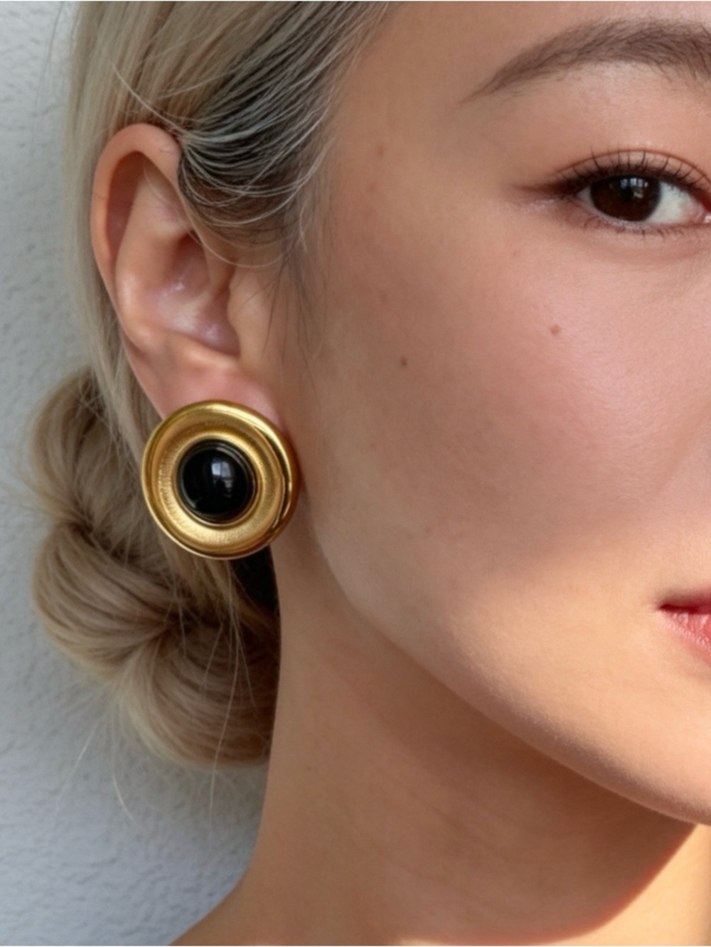 Gold Black Cabochon Stud Earrings Classic Chic